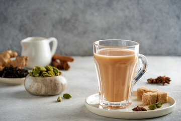 Traditional middle eastern , indian drink masala or karak chai. Closeup - obrazy, fototapety, plakaty