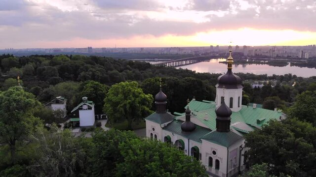 Holy Trinity Ioninsky Monastery. The drone flies around the church in a circle showing the panorama of the city.