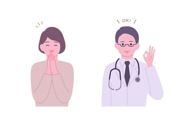 笑顔の女性、OKサインをする医者