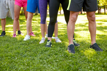 fitness, sport and healthy lifestyle concept - group of people exercising at summer park