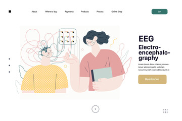 Medical tests illustration - EEG - electroencephalography - modern flat vector concept digital illustration of encephalography procedure - a patient with head electrodes and doctor in medical office