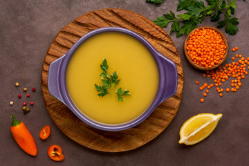 Red lentil soup. Traditional middle eastern, turkish , ramadan cuisine. Vegan food