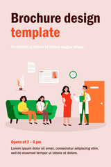 Pregnant women waiting in queue to doctor office flat vector illustration. Cartoon ladies in hospital or clinic for consultation with specialist. Motherhood and pregnancy concept