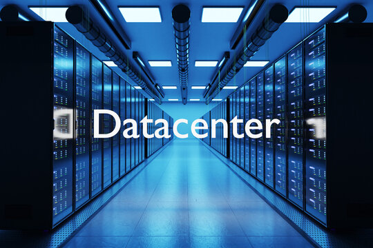 datacenter logo in large modern data center with multiple rows of network internet server racks, 3D Illustration