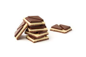Stack of pieces of milk chocolate isolated on white background
