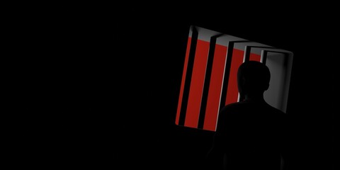 Man silhouette behind jail bars looking out. Person standing inside of the prison and looking in freedom. 3d rendering illustration.