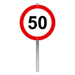 Speed limit 50 road sign on a pole, vector illustration