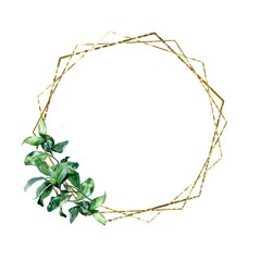 watercolor illustration.  gold circle  frame with green leaves and branches.  For invitations, cards, weddings, christenings, birthday