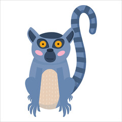 An animal lemur with large eyes sits with its striped tail up, isolated on a white background. An animal from Madagascar. Vector illustration for children