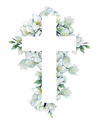 Watercolor illustration. Christian cross made of green leaves, white flowers.  Design for Easter, baptism, christening, cards, paper, invitations, scrapbooking, textiles, wrapping 