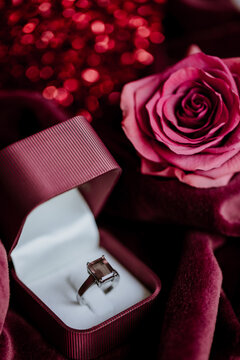 Romantic setting with an engagement ring on a Valentine's day