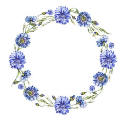 Fototapeta premium Flower wreath made of blue watercolor cornflowers