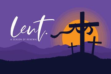 Lent, a season of renewal banner with crucifix on the hill in sunset and purple sky vector design - obrazy, fototapety, plakaty