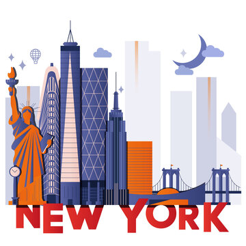 New York culture travel night set, famous architectures and specialties in flat design. Business travel and tourism concept clipart. Image for presentation, banner, website, flyer, roadmap, icons
