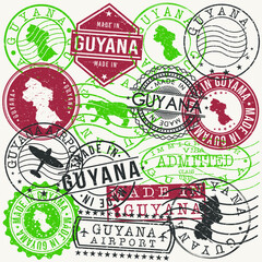 Guyana Set of Stamps. Travel Passport Stamps. Made In Product. Design Seals in Old Style Insignia. Icon Clip Art Vector Collection.