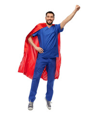 healthcare, profession and medicine concept - happy smiling doctor or male nurse in blue uniform and red superhero cape flying over white background