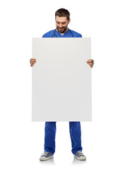 healthcare, profession and medicine concept - happy smiling male doctor or nurse in blue uniform with big board over white background