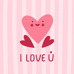 Cute, romantic Valentine's day card. Pink hearts with funny face. I love you. Flat cartoon vector illustration.