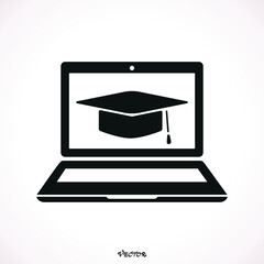 Black laptop monitor with graduation cap or mortar board. isolated on white. Flat vector simple icon. Internet knowledge symbol. Good for web and mobile design. on-line education sign