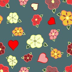 Sweet Flowers And Hearts On A Denim Blue Background