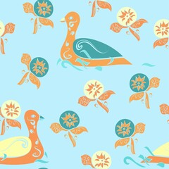 Swimming Ornamental Ducks Pattern In Orange And Blue