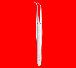 stainless steel surgical forceps on bright red background