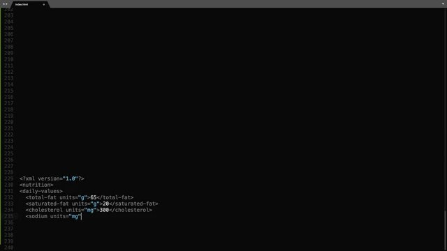 XML Extensible Markup Language Source Code Typing Effect. XML Ticker Colored Commands Editor Screen. Network Development Technology Education. Black Background. 