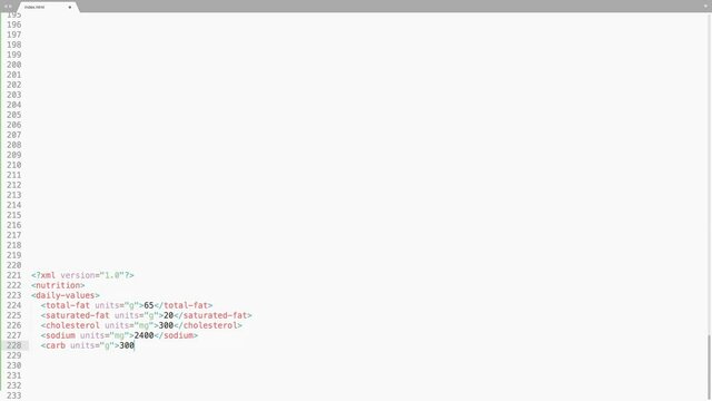 XML Extensible Markup Language Source Code Typing Effect. XML Ticker Colored Commands Editor Screen. Network Development Technology Education. White Background. 