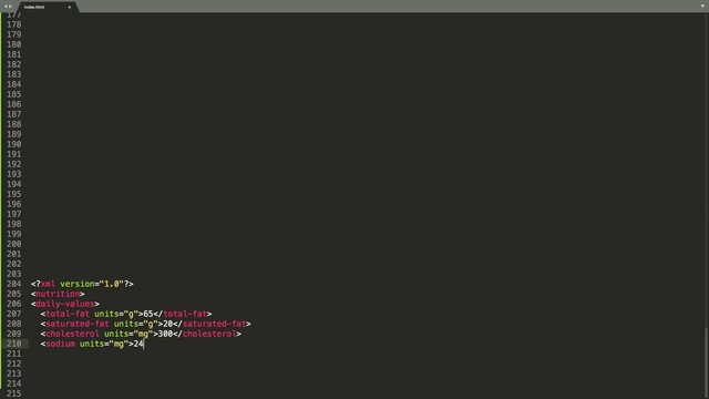 XML Extensible Markup Language Source Code Typing Effect. XML Ticker Colored Commands Editor Screen. Network Development Technology Education. Brown Background. 