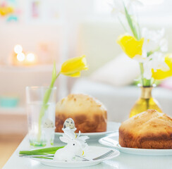 Easter cakes  with spring flowers in white interior