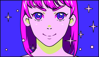 Kawaii anime girl. Concept of animated TV show with smiling cheerful cartoon character.