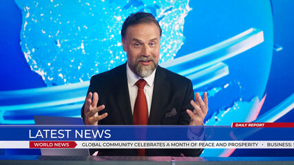 Live News Studio with Professional Male Anchor Reporting on the Events of the Day. Broadcasting...