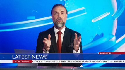 Live News Studio with Professional Male Anchor Reporting on the Events of the Day. Broadcasting Channel with Presenter, Newscaster Talking. Mock-up TV Newsroom Set. News Ticker