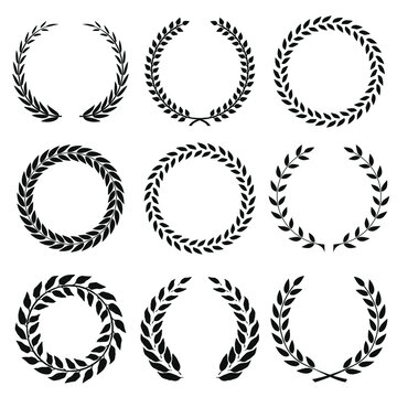 Set of black and white rounded laurel foliate and wheat wreaths