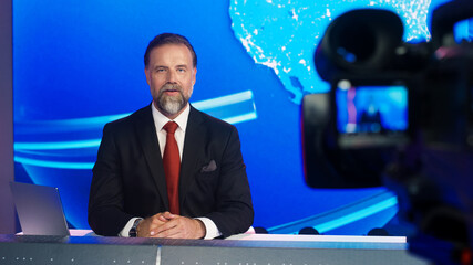Live News Studio with Professional Anchor Reporting on the Events of the Day. Mock-up Television...