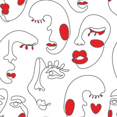faces line art seamless pattern.women with makeup pattern.lipstick products pattern. pattern with powder and lipstick. stylized female silhouettes seamless.fashionable print of womens faces for fabric