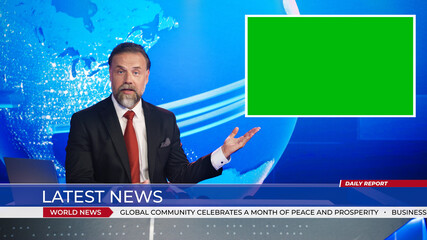 Live News Studio with Handsome Male Anchor Reporting on a Story, Uses Green Chroma Key Screen Placeholder Copy Space.Television Newsroom Channel with Professional Presenter