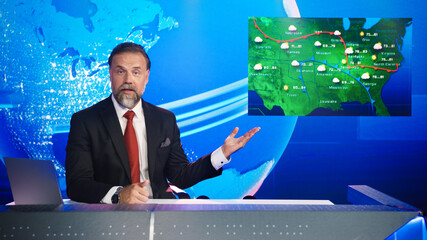 Live News Studio Professional Anchor Reporting on Weather Forecast. Weatherman, Meteorologist,...