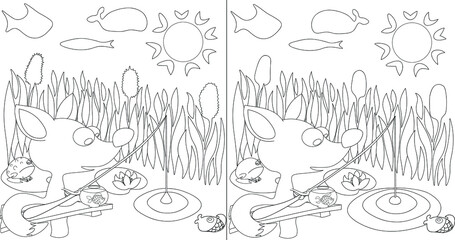 
picture coloring. find 10 differences. fox fishing