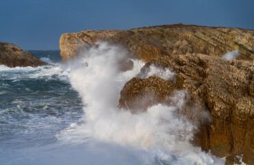 Swell and storm in the Hermitage of the Virgen del Mar San Roman de la Llanilla.Municipality of Santander. Virgen del Mar Island in the Cantabrian Sea. Autonomous Community of Cantabria. Spain. Europe