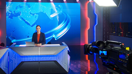 Live News Studio with Beautiful Female Anchor Reporting on the Events of the Day. TV Broadcasting...