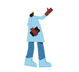 Adult african american woman. Young female engineer standing with papers and pointing with hand isolated on a white background. Person in hard hat. Vector illustration.