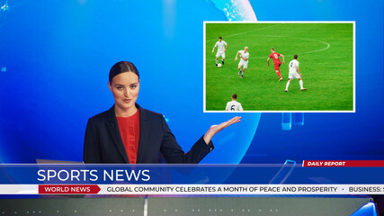 Live News Studio with Female Anchor Reporting Sports News on Soccer Game Score, Story Show Highlight of Two Teams Playing Football before Scoring Beautiful Goal. Mock-up TV Channel Newsroom  © Gorodenkoff