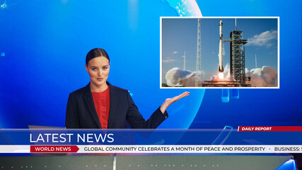 Live News Studio with a Beautiful Female Anchor Reporting on a Successful Rocket Launch, Montage Shows Space Ship Taking off. Space Exploration. Mock-up TV Channel 