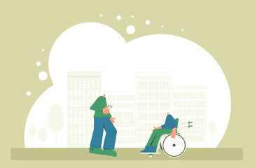 Senior couple. Mature man with phone and woman sitting in wheelchair. Elderly wife and husband wearing in casual clothes. Vector flat illustration.