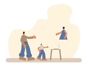 Family video call. Mother online talking with her husband and son. Digital communication. People talking to each other with internet.  Vector flat illustration.