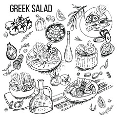 Greek vegetable fresh salad: feta cheese, tomato, herbs, cucumber, pepper. Graphics, sketch, vector illustration.