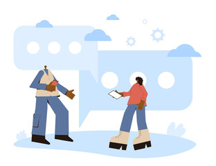 African american couple. Woman and man with phones standing together. Wife and husband wearing in casual clothes chatting. Vector characters illustration.