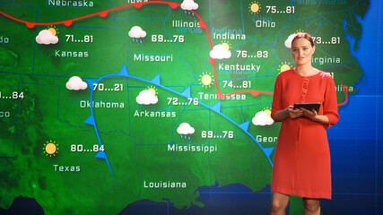 Live Weather News Studio with Professional Female On-Camera Meteorologist Standing Beside Screen...