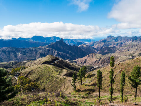 Amazing view on mountains, Caldera and Barranco de Tejeda and Roque Bentayg rock from Cruz de Tejeda Viewpoint. Gran Canaria, Canary Islands, Spain
